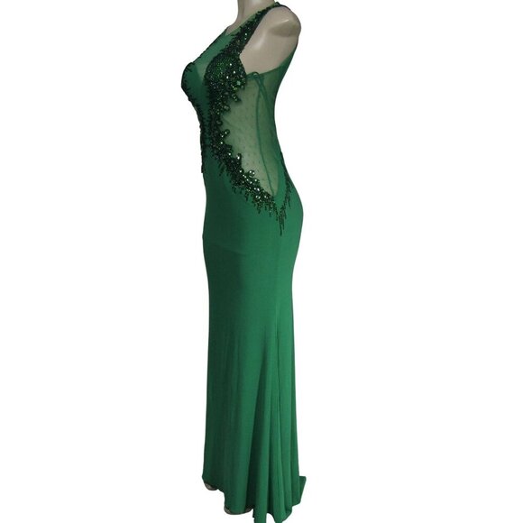 MADISON JAMES 6 Kelly Green BEADED Illusion PROM Evening Formal Maxi Dress - Picture 4 of 13